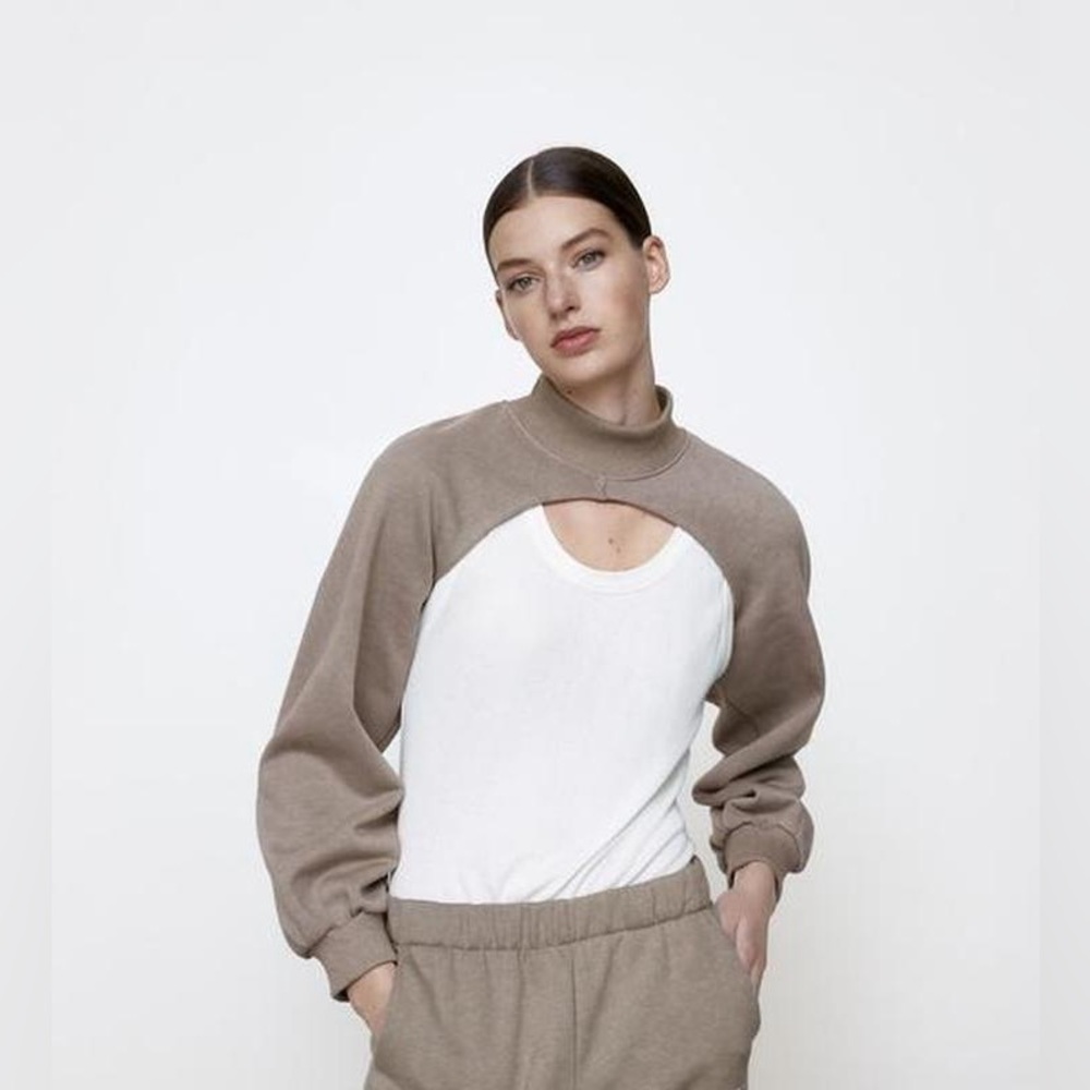Zara cutout cropped beige brown sweater arm warmers shirt